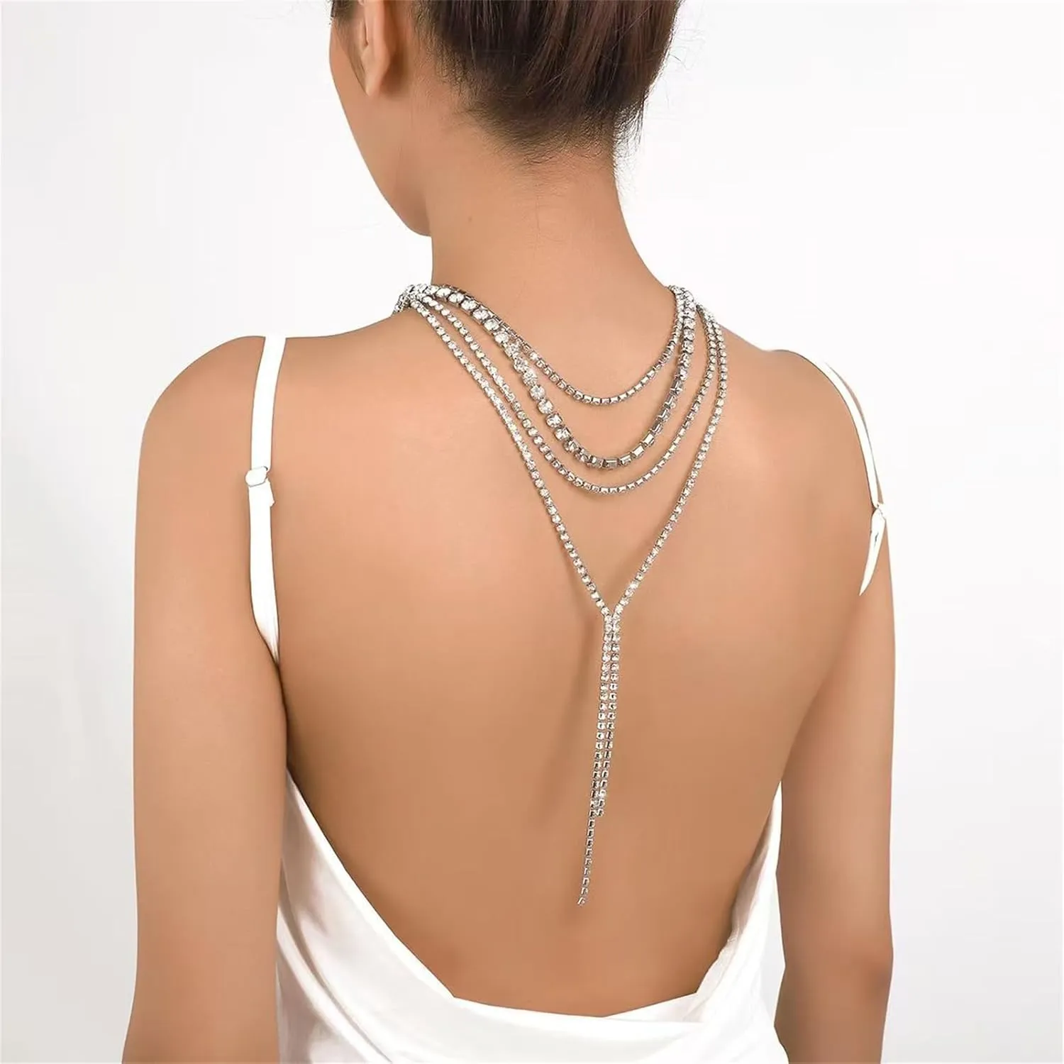 Boho Layered Necklaces for Women Fashion Y Long Neckalce Statement Long Sweater Chain Necklace Black Gold Silver Shiny Rhinestones Choker Necklace Wedding Bridal Jewerly