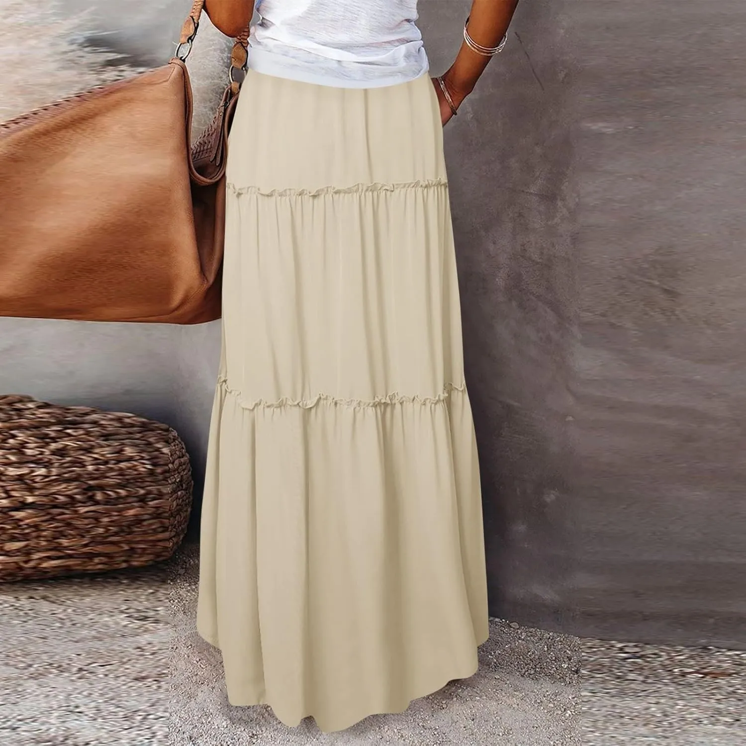 Boho Maxi Skirts for Women Pleated High Waisted Tiered A Line Skirt 2025 Summer Casual Flowy Long Skirts with Pockets