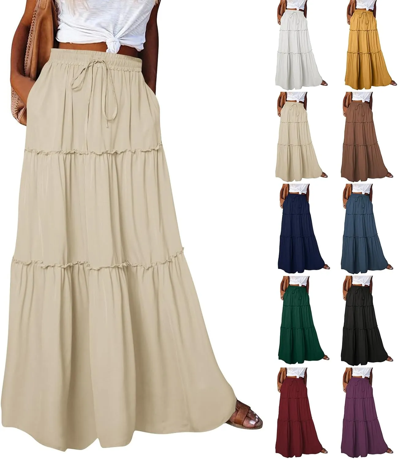 Boho Maxi Skirts for Women Pleated High Waisted Tiered A Line Skirt 2025 Summer Casual Flowy Long Skirts with Pockets