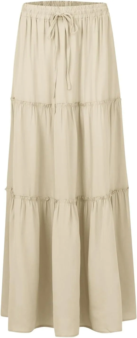 Boho Maxi Skirts for Women Pleated High Waisted Tiered A Line Skirt 2025 Summer Casual Flowy Long Skirts with Pockets
