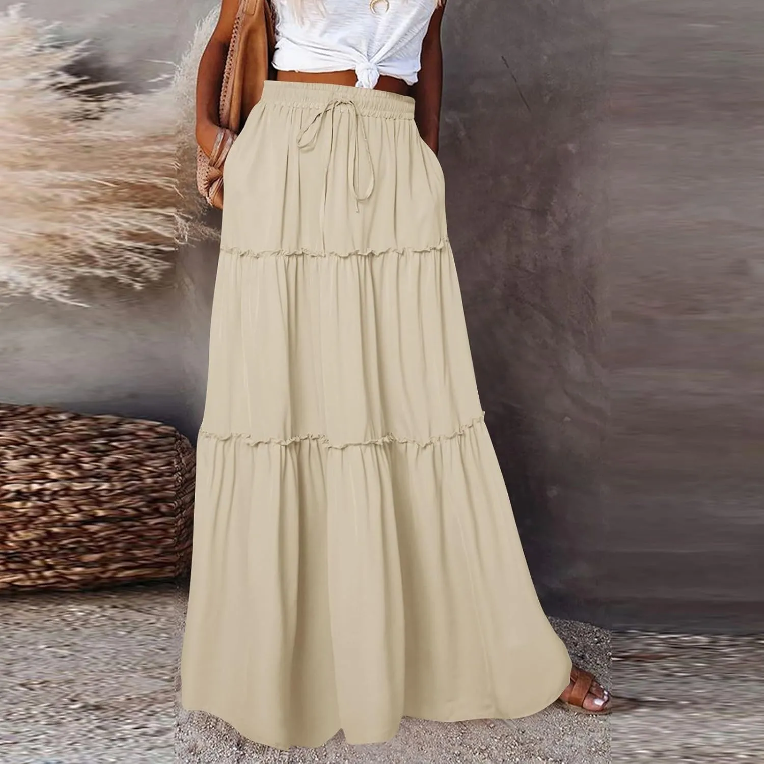 Boho Maxi Skirts for Women Pleated High Waisted Tiered A Line Skirt 2025 Summer Casual Flowy Long Skirts with Pockets