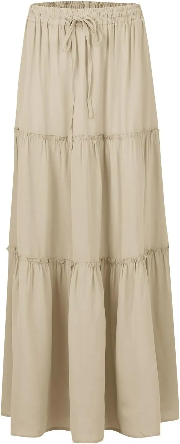 Boho Maxi Skirts for Women Pleated High Waisted Tiered A Line Skirt 2025 Summer Casual Flowy Long Skirts with Pockets