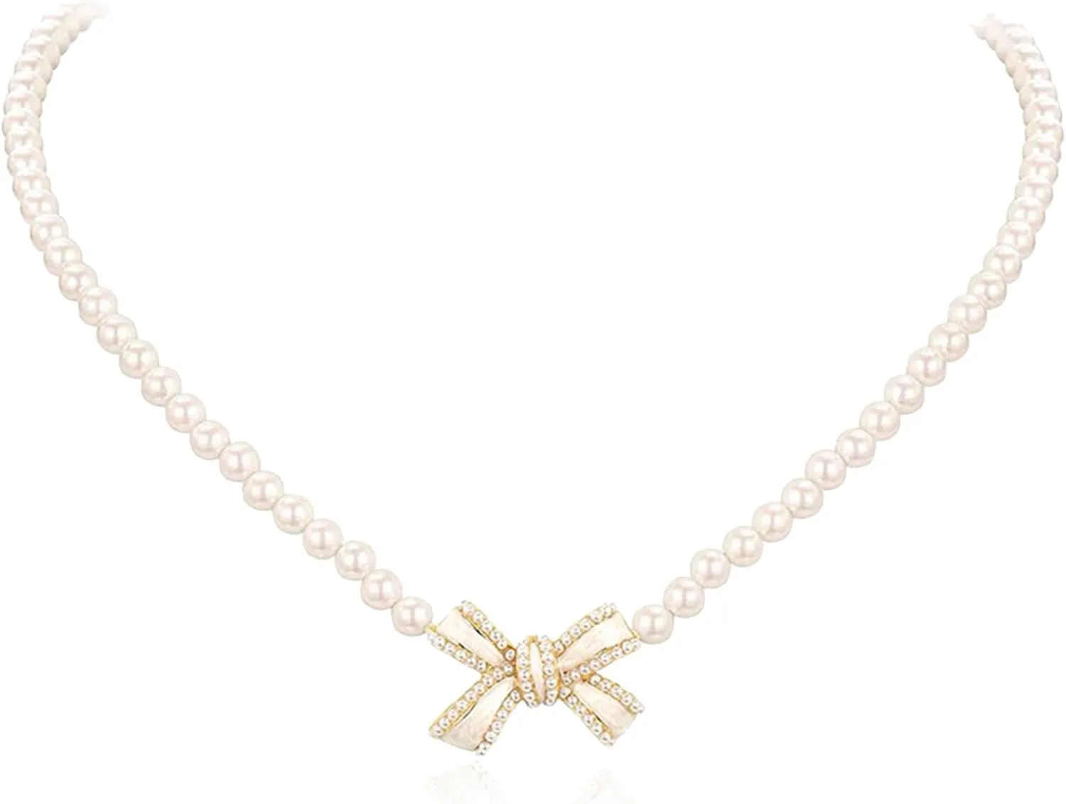 Boho Pearl Choker Necklace Gold Bow Chain Vintage White Pearl Beaded Wedding Crystal Bow Necklace Jewelry for Women