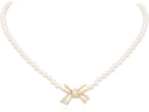 Boho Pearl Choker Necklace Gold Bow Chain Vintage White Pearl Beaded Wedding Crystal Bow Necklace Jewelry for Women