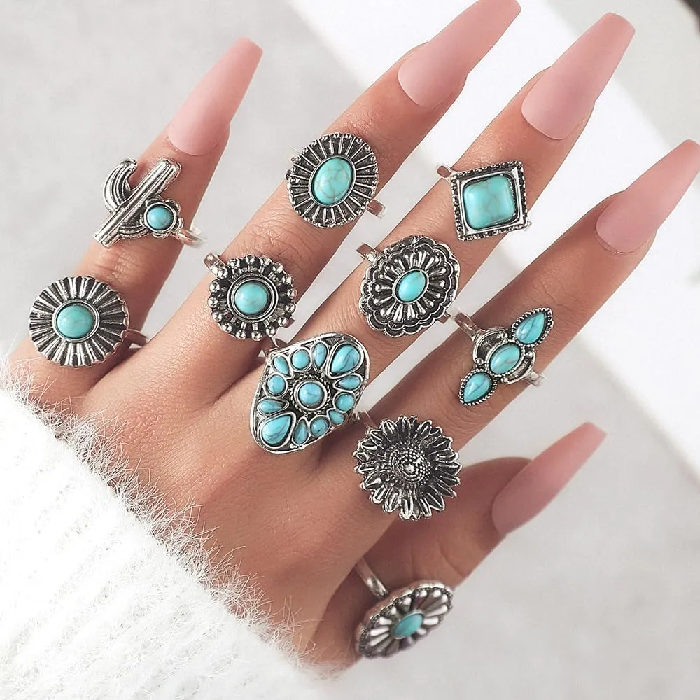 Boho Turquoise Ring for Women Silver Western Stackable Knuckle Rings Vintage Cactus Flower Midi Finger Ring Statement Jewelry Gifts