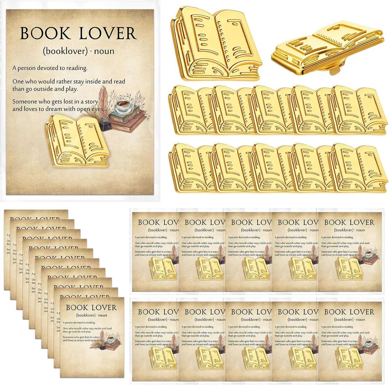 Book Lover Pins Bulk Metal Bookish Lapel Brooches Gifts with Retro Cards Bags for Women Teacher Student