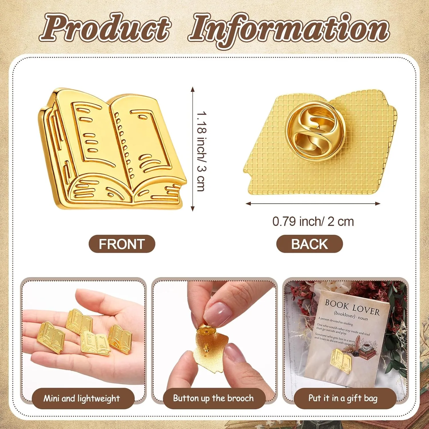Book Lover Pins Bulk Metal Bookish Lapel Brooches Gifts with Retro Cards Bags for Women Teacher Student