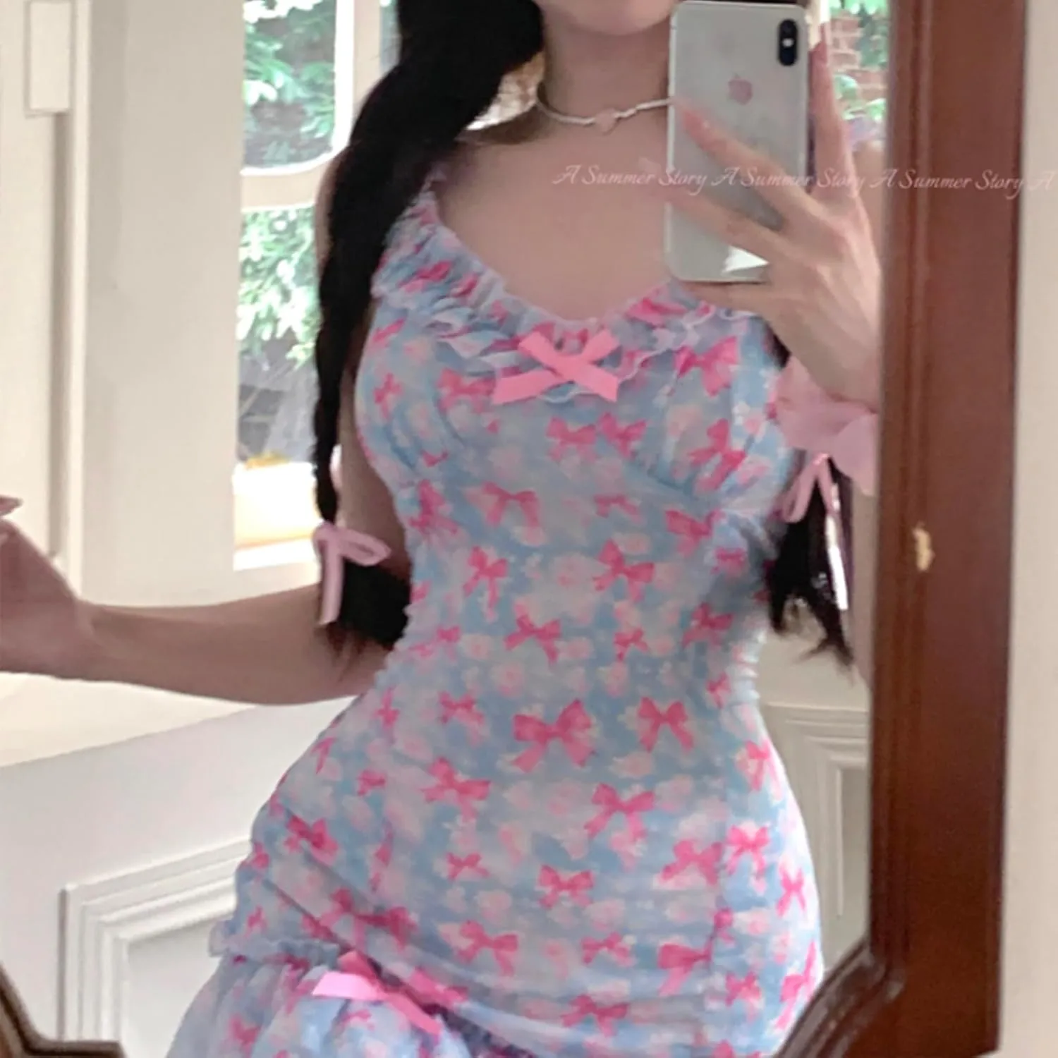 Bow Print Sweet Dress Summer Mesh Sexy Ruffle Mini Bodycon Dress
