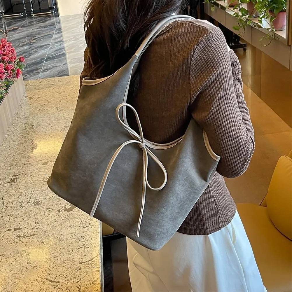 Bow Suede Tote Bag for Women Brown Suede Bucket Tote Bag Burgundy Suede Work Tote Bag with Bow