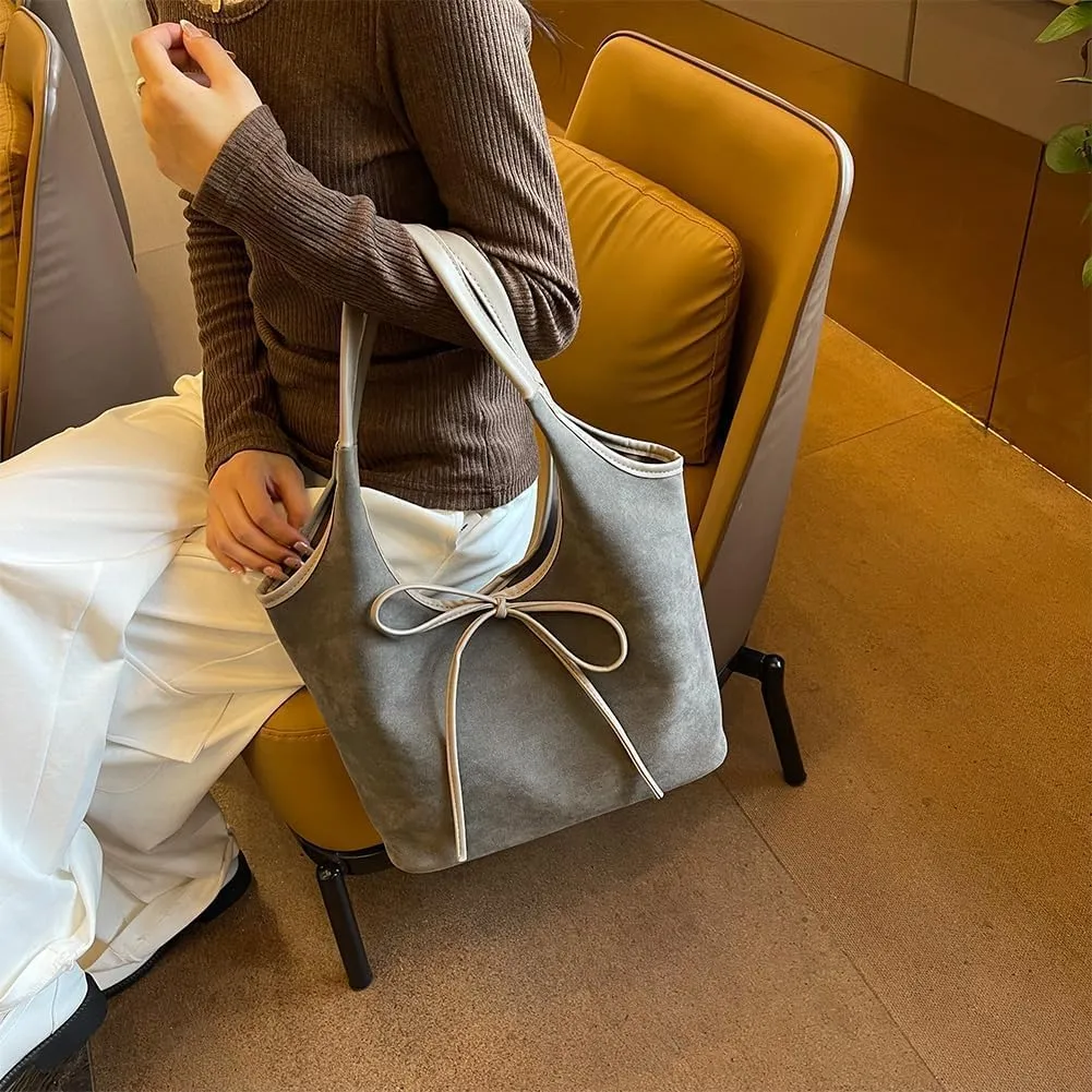 Bow Suede Tote Bag for Women Brown Suede Bucket Tote Bag Burgundy Suede Work Tote Bag with Bow