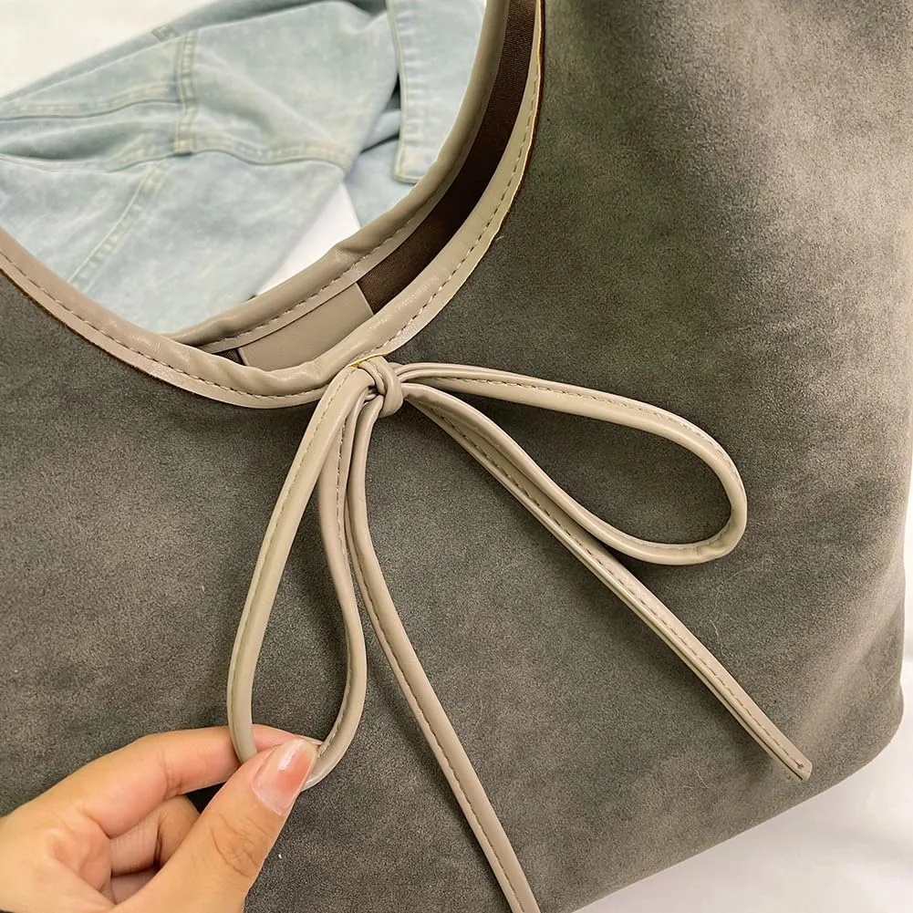 Bow Suede Tote Bag for Women Brown Suede Bucket Tote Bag Burgundy Suede Work Tote Bag with Bow