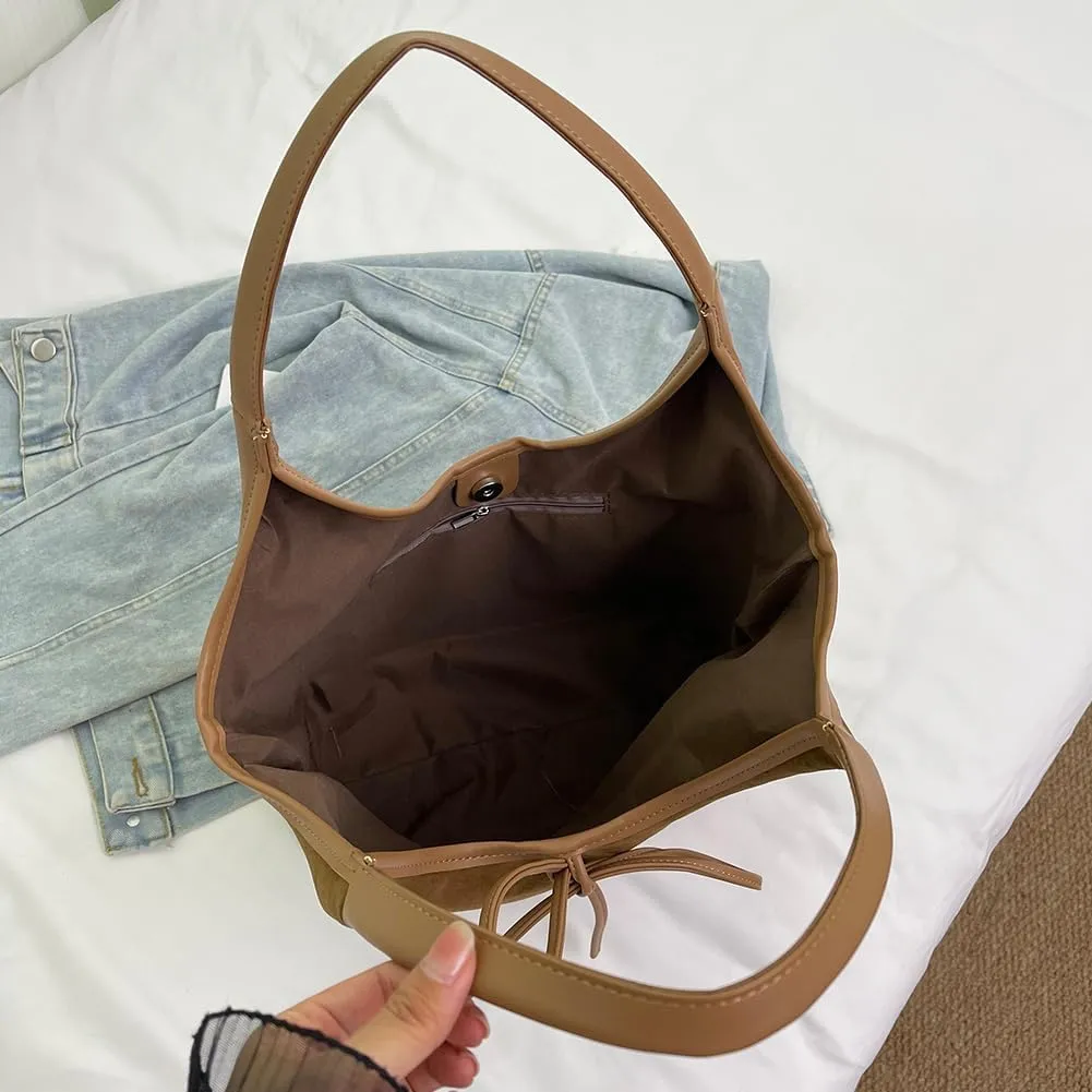 Bow Suede Tote Bag for Women Brown Suede Bucket Tote Bag Burgundy Suede Work Tote Bag with Bow