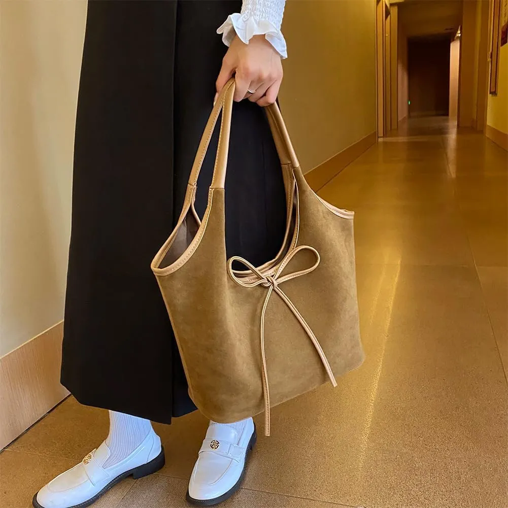 Bow Suede Tote Bag for Women Brown Suede Bucket Tote Bag Burgundy Suede Work Tote Bag with Bow