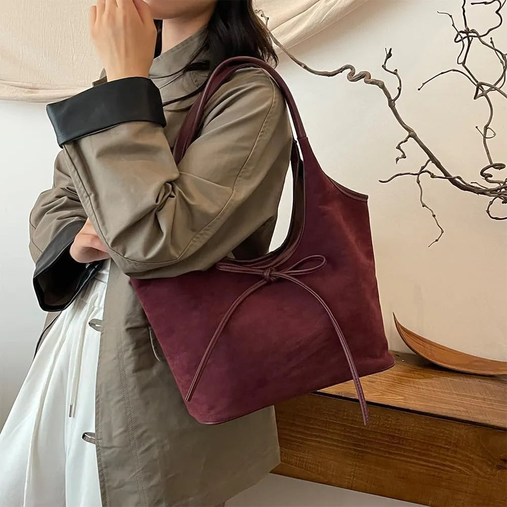 Bow Suede Tote Bag for Women Brown Suede Bucket Tote Bag Burgundy Suede Work Tote Bag with Bow