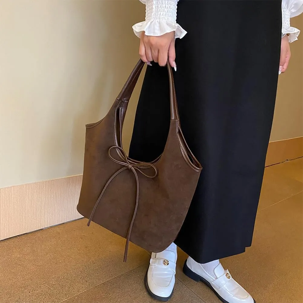 Bow Suede Tote Bag for Women Brown Suede Bucket Tote Bag Burgundy Suede Work Tote Bag with Bow