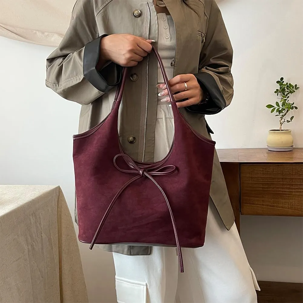 Bow Suede Tote Bag for Women Brown Suede Bucket Tote Bag Burgundy Suede Work Tote Bag with Bow
