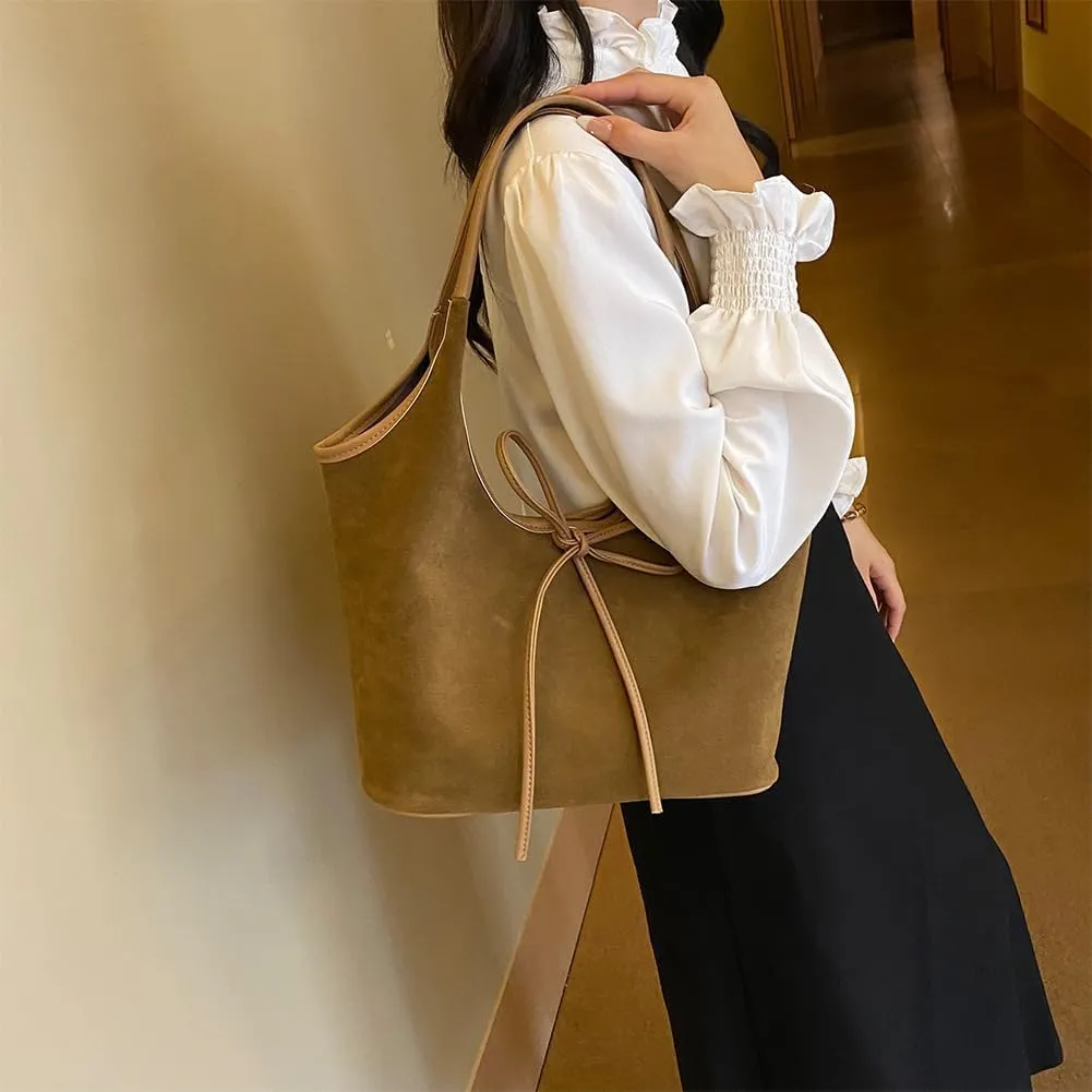 Bow Suede Tote Bag for Women Brown Suede Bucket Tote Bag Burgundy Suede Work Tote Bag with Bow