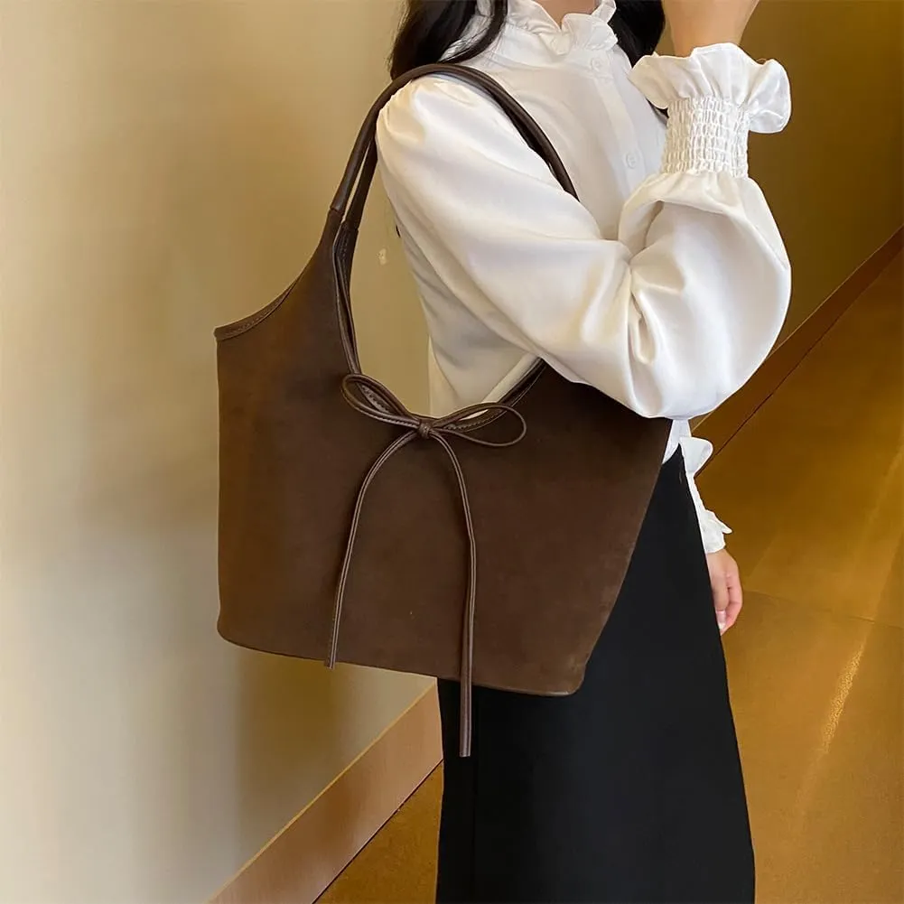 Bow Suede Tote Bag for Women Brown Suede Bucket Tote Bag Burgundy Suede Work Tote Bag with Bow