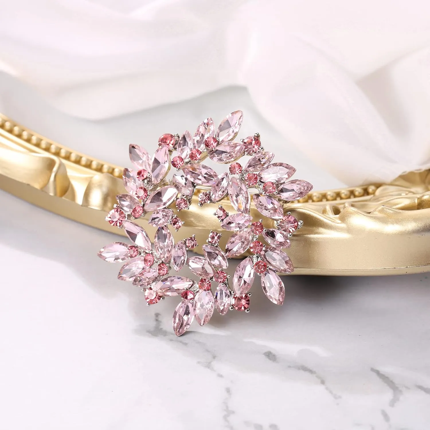 BriLove Austrian Crystal Rhinestone Elegant Flower Marquise Wreath Brooches for Women
