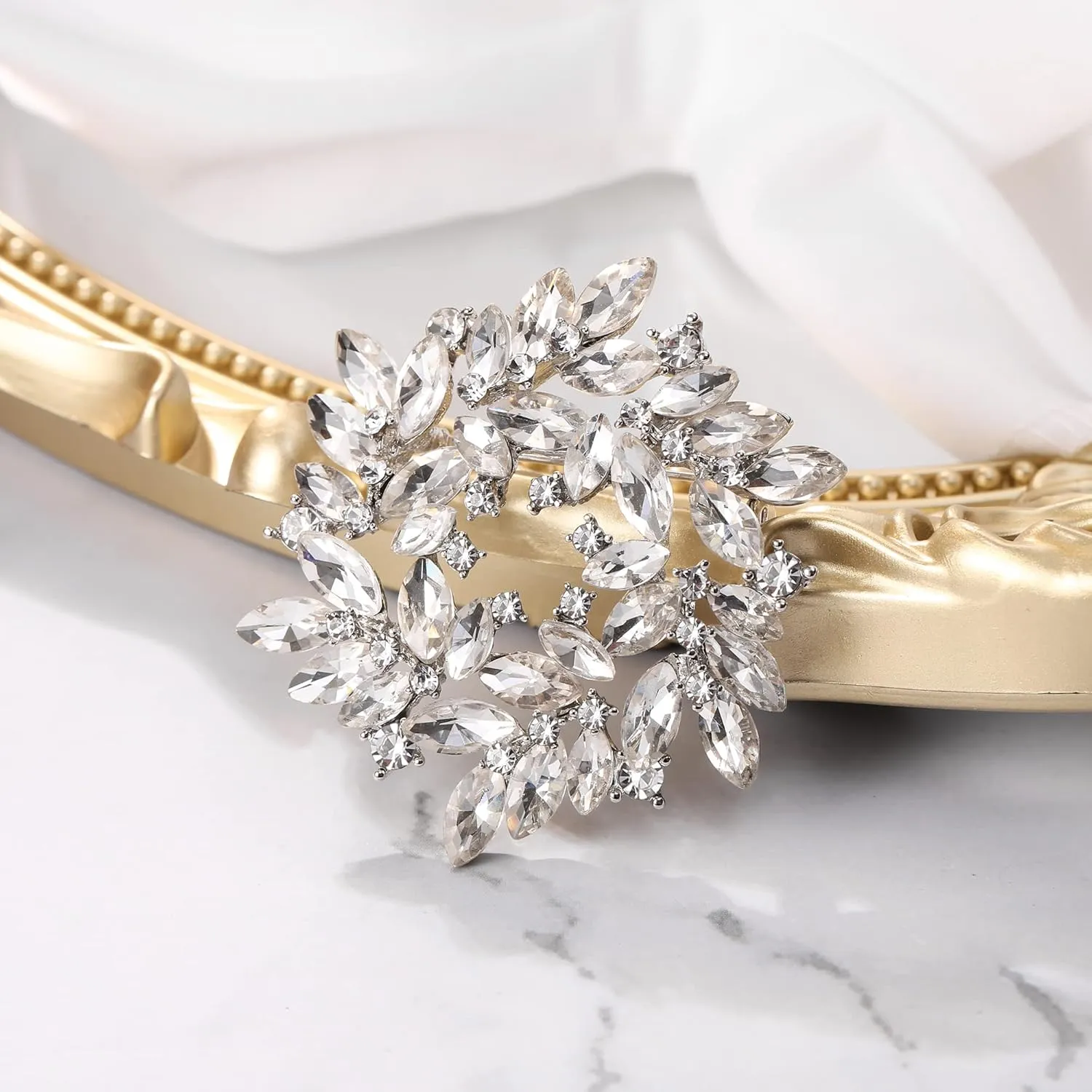 BriLove Austrian Crystal Rhinestone Elegant Flower Marquise Wreath Brooches for Women