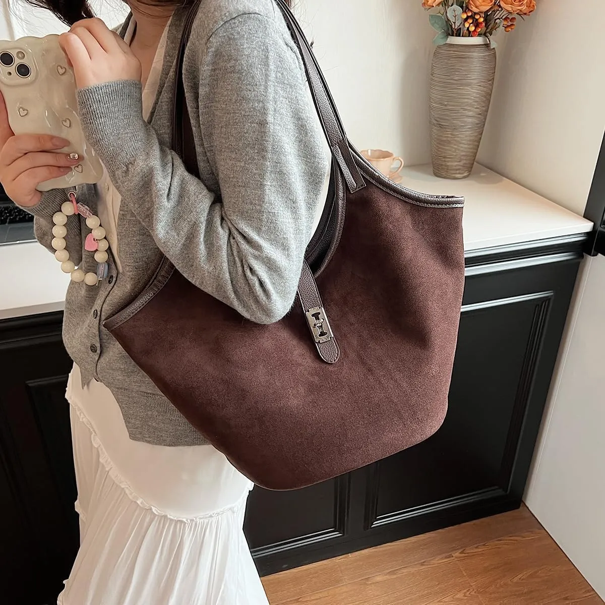 Brown Suede Tote Bag for Women Trendy Hobo Bag Bucket Tote Bag Work Hobo Handbags