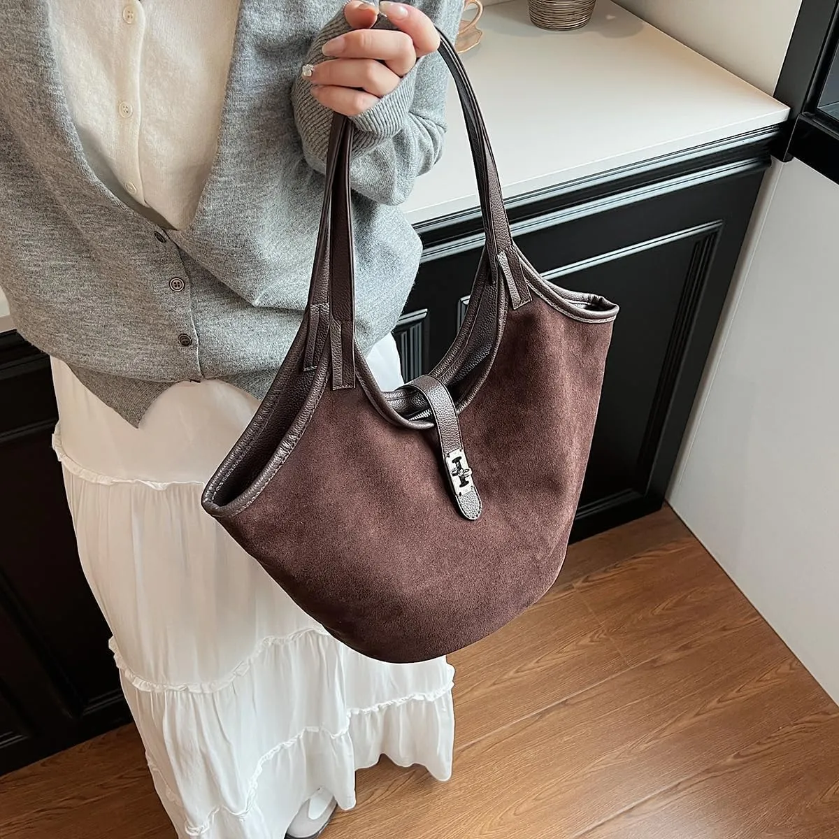 Brown Suede Tote Bag for Women Trendy Hobo Bag Bucket Tote Bag Work Hobo Handbags