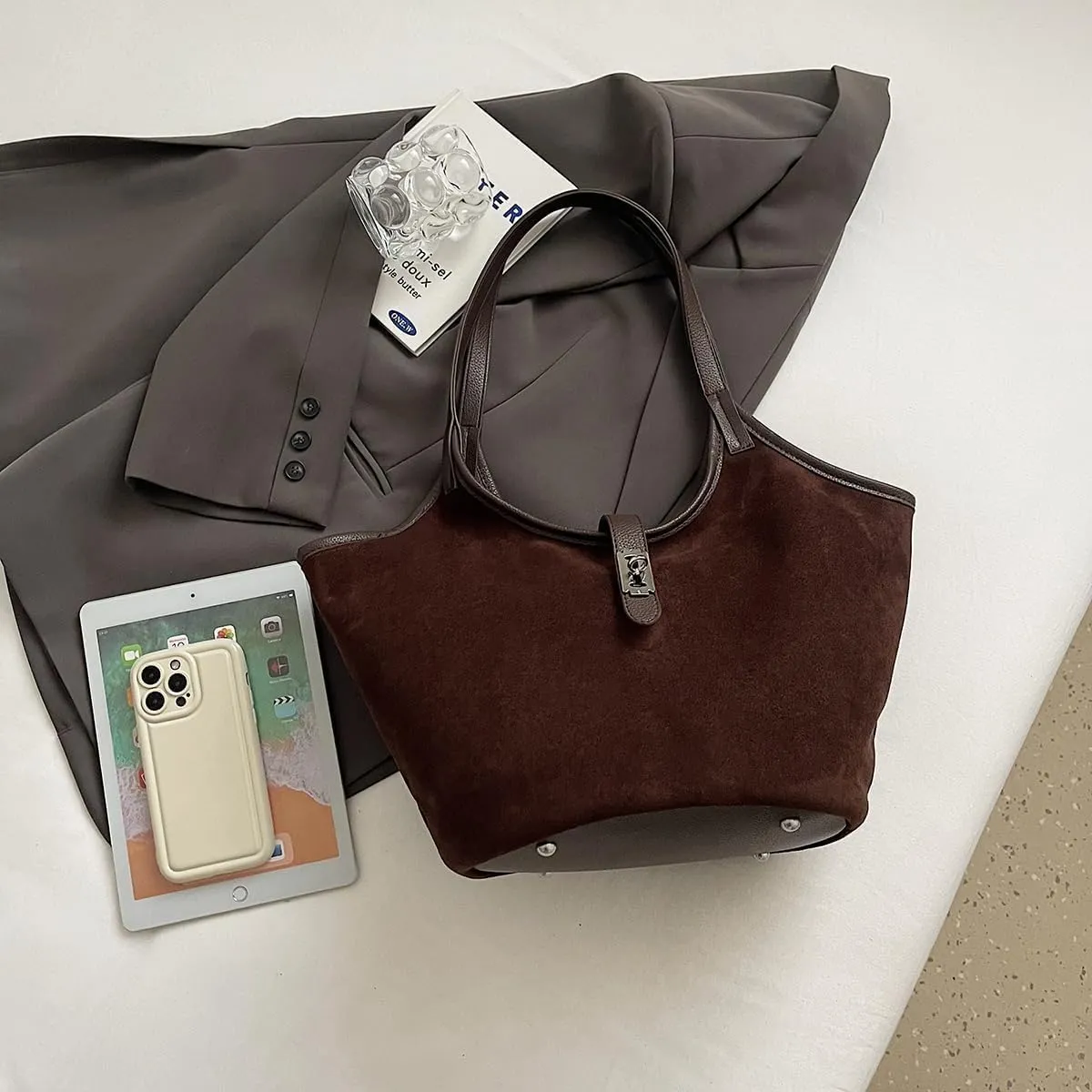 Brown Suede Tote Bag for Women Trendy Hobo Bag Bucket Tote Bag Work Hobo Handbags