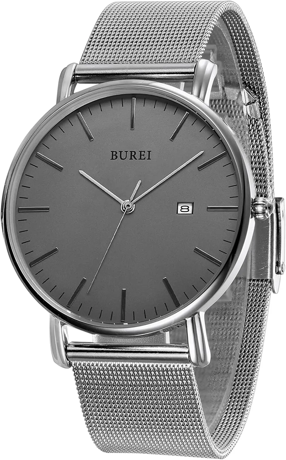 BUREI Men Watches Brown Leather Fashion Minimalist Wrist Watch Simple Ultra Thin Waterproof Quartz Watches All Black Stainless Steel Mesh Band,Gift for Men Women
