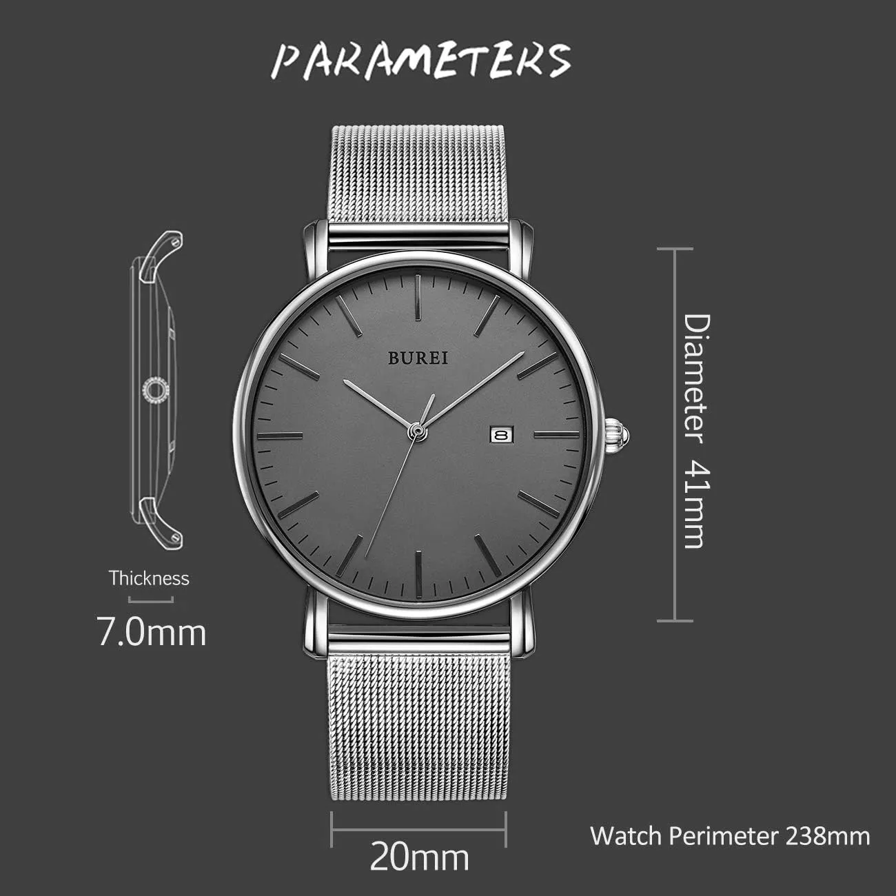 BUREI Men Watches Brown Leather Fashion Minimalist Wrist Watch Simple Ultra Thin Waterproof Quartz Watches All Black Stainless Steel Mesh Band,Gift for Men Women