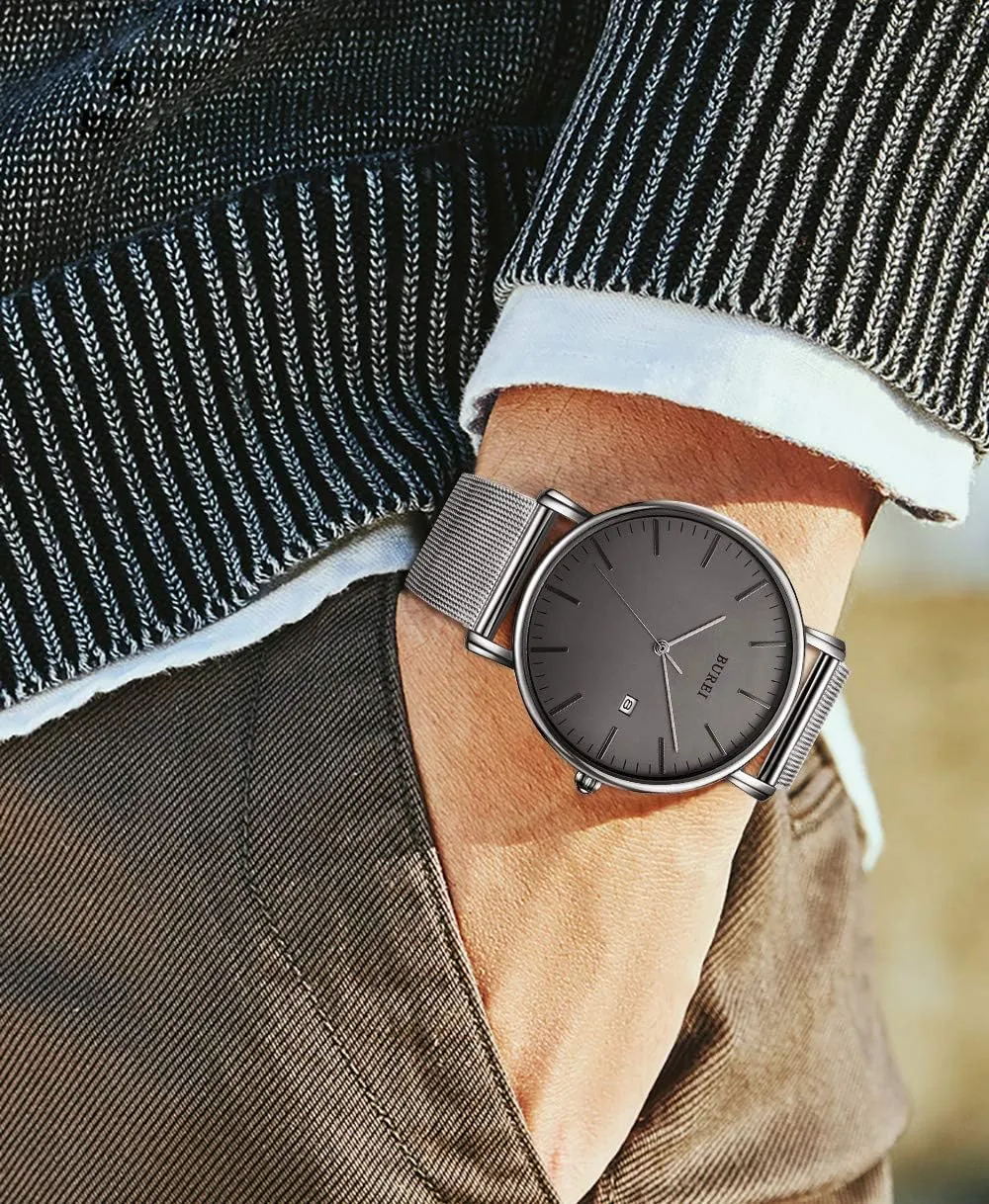 BUREI Men Watches Brown Leather Fashion Minimalist Wrist Watch Simple Ultra Thin Waterproof Quartz Watches All Black Stainless Steel Mesh Band,Gift for Men Women