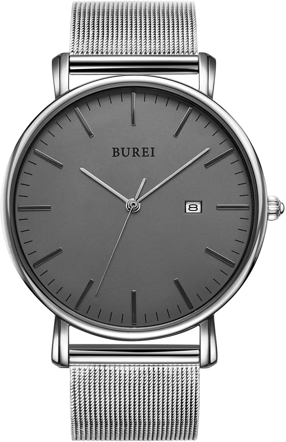 BUREI Men Watches Brown Leather Fashion Minimalist Wrist Watch Simple Ultra Thin Waterproof Quartz Watches All Black Stainless Steel Mesh Band,Gift for Men Women