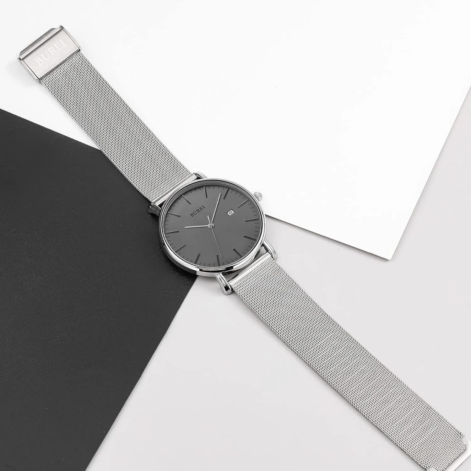 BUREI Men Watches Brown Leather Fashion Minimalist Wrist Watch Simple Ultra Thin Waterproof Quartz Watches All Black Stainless Steel Mesh Band,Gift for Men Women