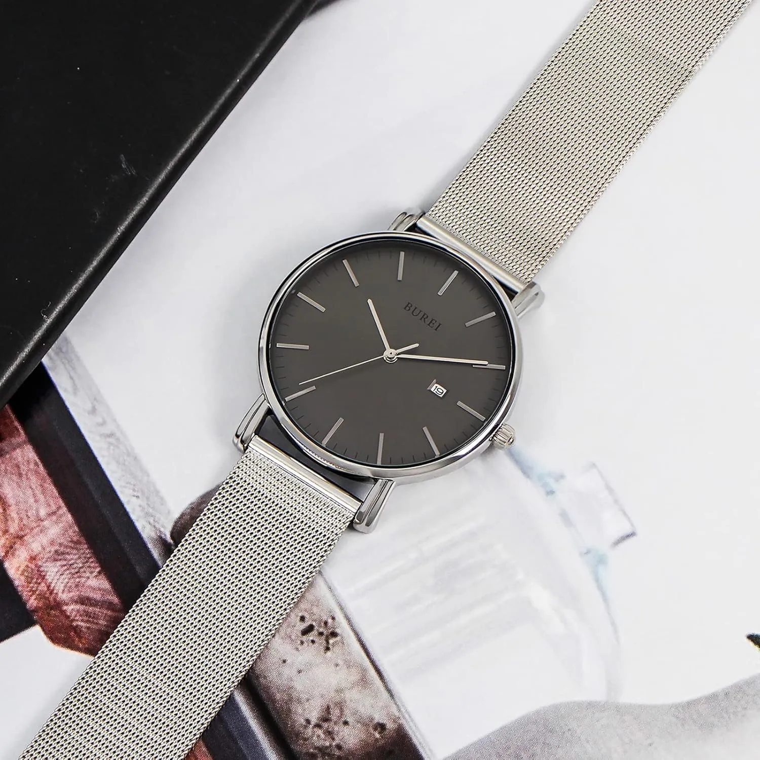 BUREI Men Watches Brown Leather Fashion Minimalist Wrist Watch Simple Ultra Thin Waterproof Quartz Watches All Black Stainless Steel Mesh Band,Gift for Men Women