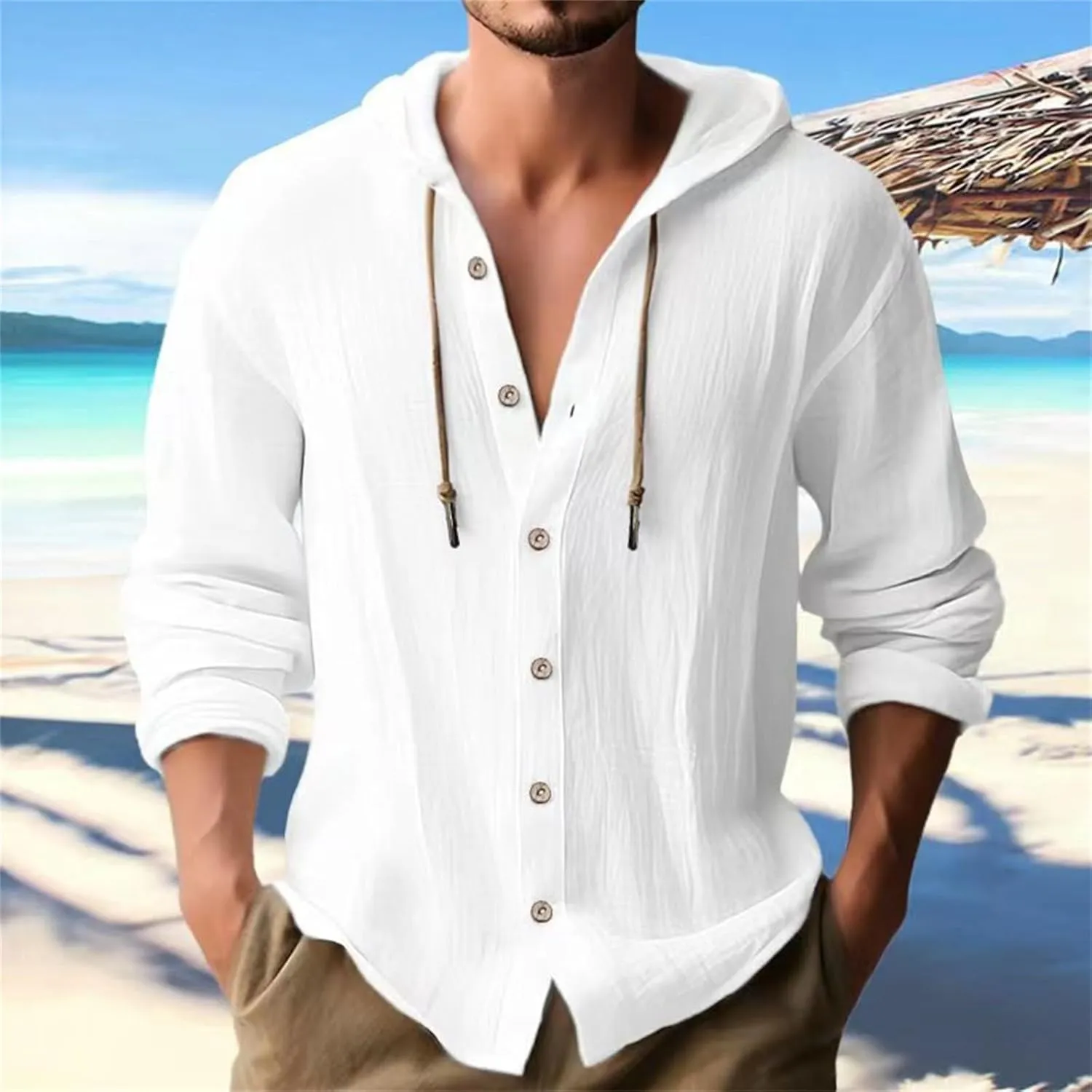 Button Down Shirts for Mens Casual Cotton Linen Breathable Hoodies Summer Lightweight T Shirt Solid Plain Roll-Up Sleeve Tops