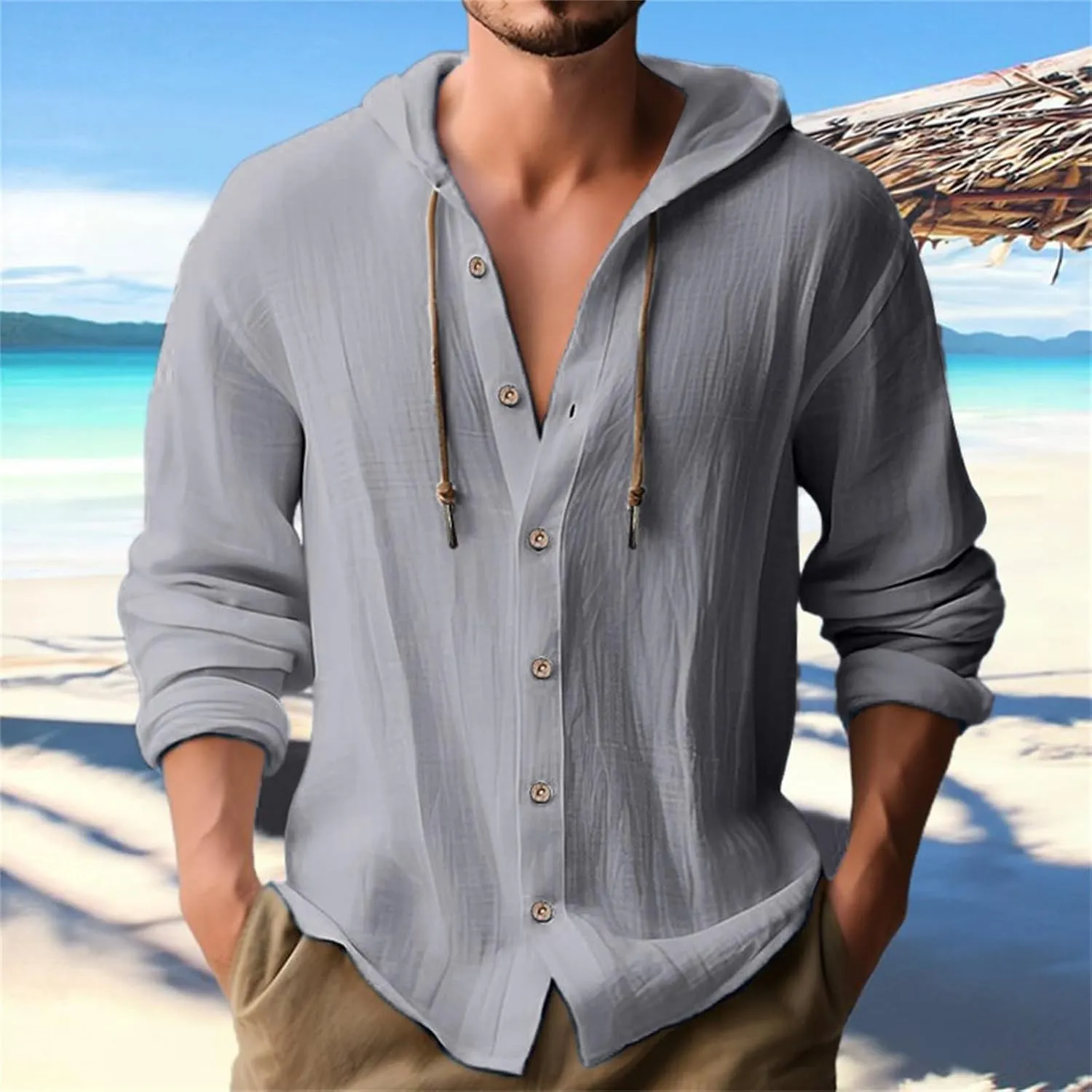 Button Down Shirts for Mens Casual Cotton Linen Breathable Hoodies Summer Lightweight T Shirt Solid Plain Roll-Up Sleeve Tops
