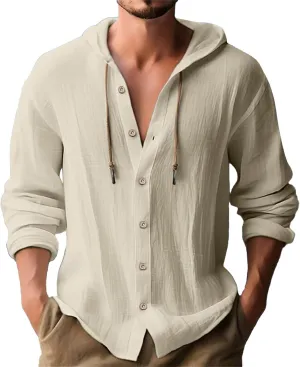 Button Down Shirts for Mens Casual Cotton Linen Breathable Hoodies Summer Lightweight T Shirt Solid Plain Roll-Up Sleeve Tops