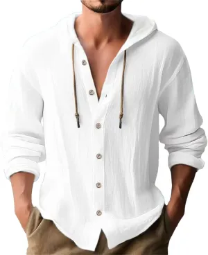 Button Down Shirts for Mens Casual Cotton Linen Breathable Hoodies Summer Lightweight T Shirt Solid Plain Roll-Up Sleeve Tops