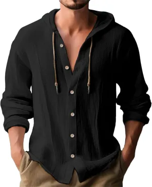 Button Down Shirts for Mens Casual Cotton Linen Breathable Hoodies Summer Lightweight T Shirt Solid Plain Roll-Up Sleeve Tops