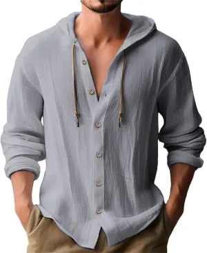 Button Down Shirts for Mens Casual Cotton Linen Breathable Hoodies Summer Lightweight T Shirt Solid Plain Roll-Up Sleeve Tops