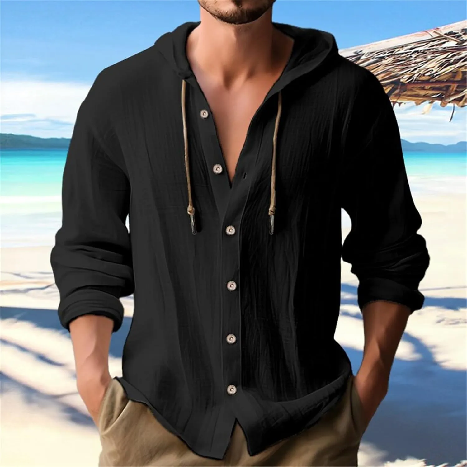 Button Down Shirts for Mens Casual Cotton Linen Breathable Hoodies Summer Lightweight T Shirt Solid Plain Roll-Up Sleeve Tops