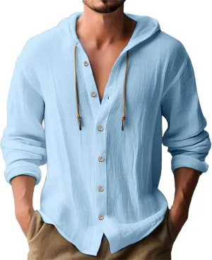 Button Down Shirts for Mens Casual Cotton Linen Breathable Hoodies Summer Lightweight T Shirt Solid Plain Roll-Up Sleeve Tops