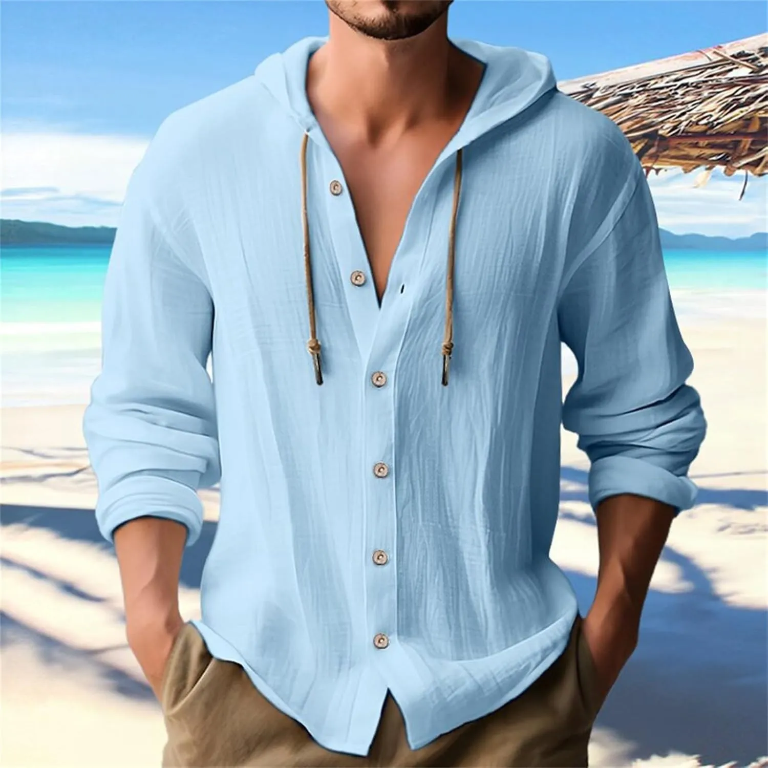 Button Down Shirts for Mens Casual Cotton Linen Breathable Hoodies Summer Lightweight T Shirt Solid Plain Roll-Up Sleeve Tops