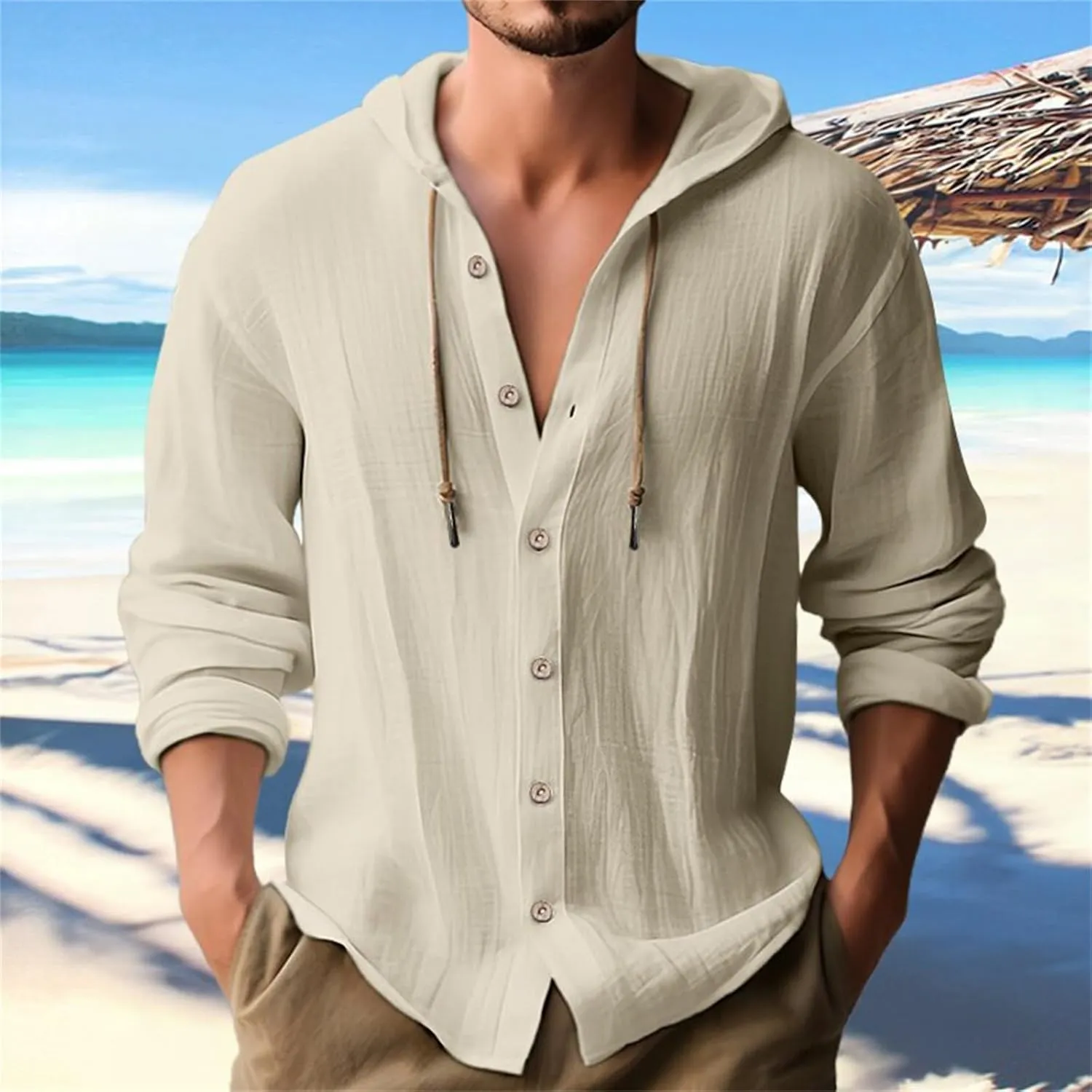Button Down Shirts for Mens Casual Cotton Linen Breathable Hoodies Summer Lightweight T Shirt Solid Plain Roll-Up Sleeve Tops