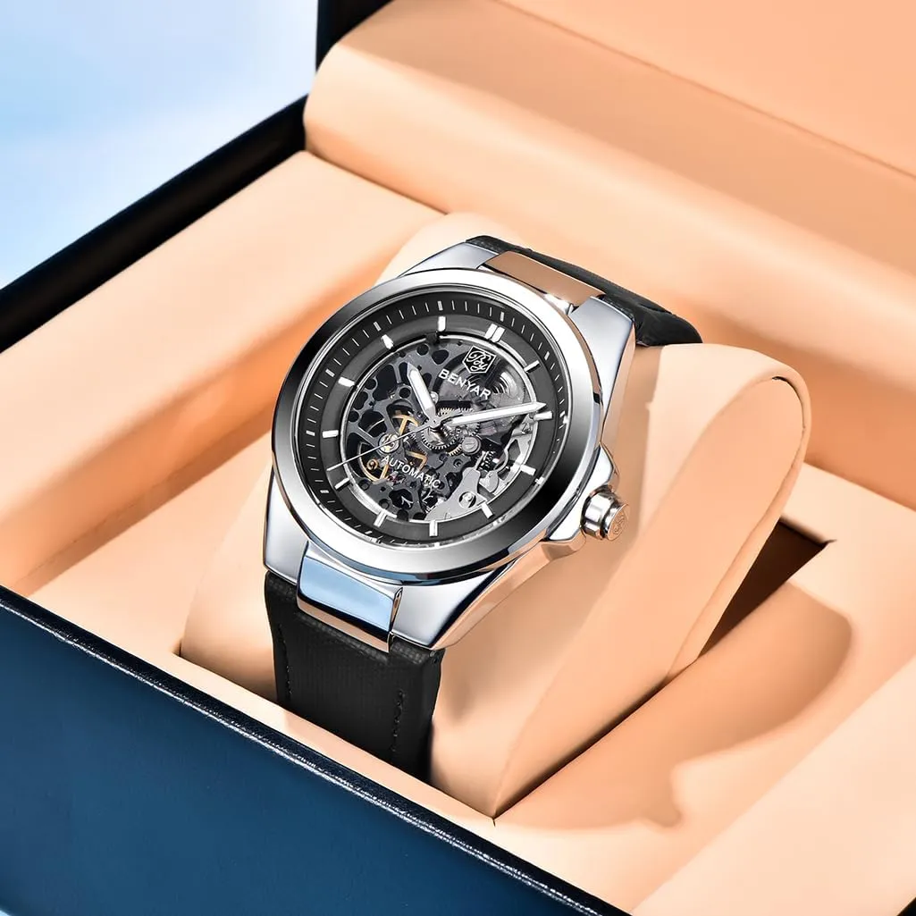 BY5207 Men's Skeleton Automatic Watches Fashion Sport Self Winding Wrist Watch Leather Strap 50M Waterproof Hollow Mechanical Wristwatch