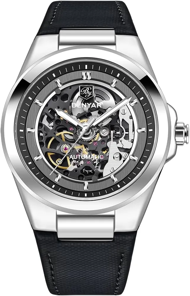 BY5207 Men's Skeleton Automatic Watches Fashion Sport Self Winding Wrist Watch Leather Strap 50M Waterproof Hollow Mechanical Wristwatch