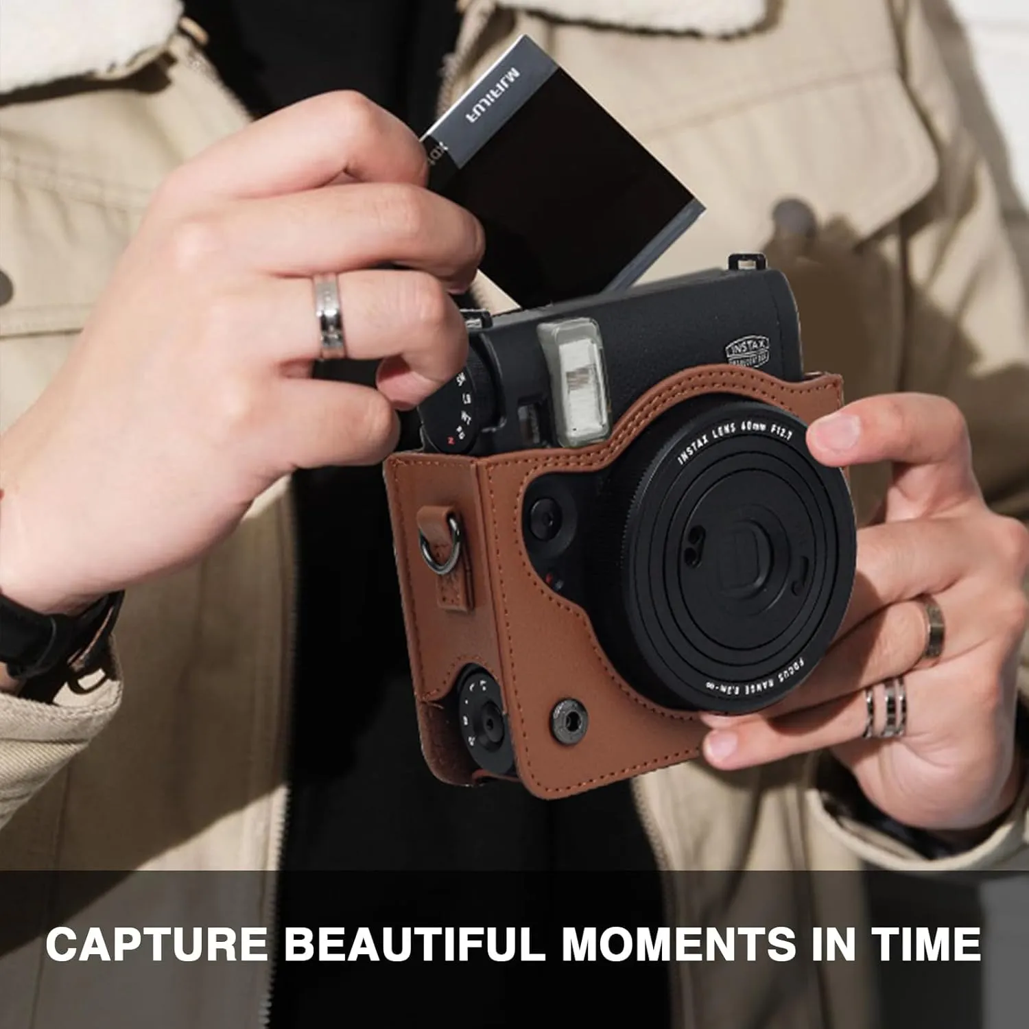 CAIYOULE Camera Case for Fujifilm Instax Mini 99 Instant Camera Bag With Photo Album and Photo Border Sticker - Brown