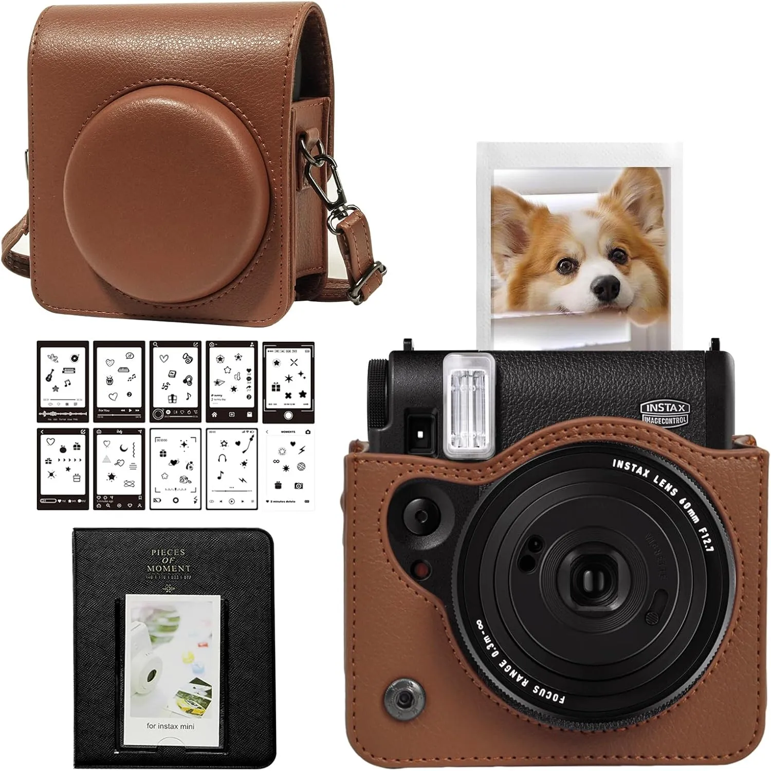 CAIYOULE Camera Case for Fujifilm Instax Mini 99 Instant Camera Bag With Photo Album and Photo Border Sticker - Brown