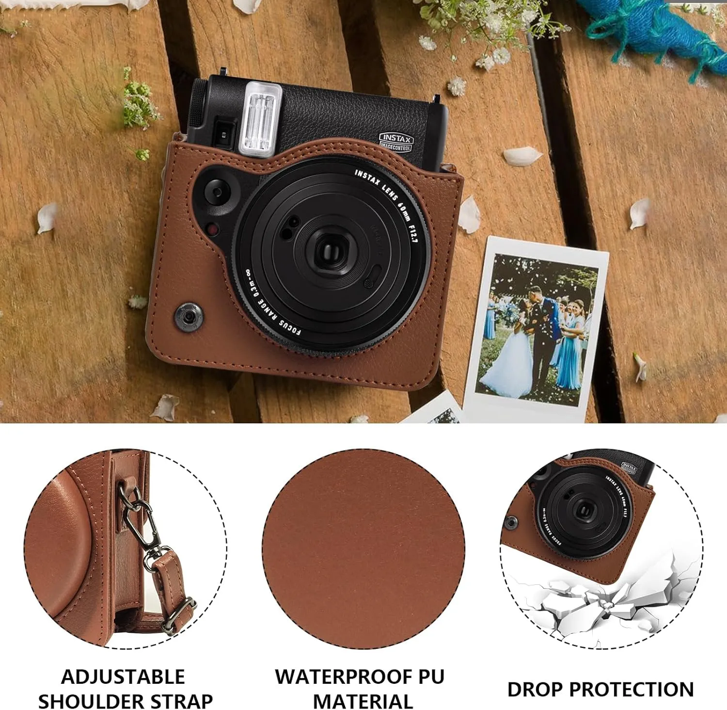 CAIYOULE Camera Case for Fujifilm Instax Mini 99 Instant Camera Bag With Photo Album and Photo Border Sticker - Brown