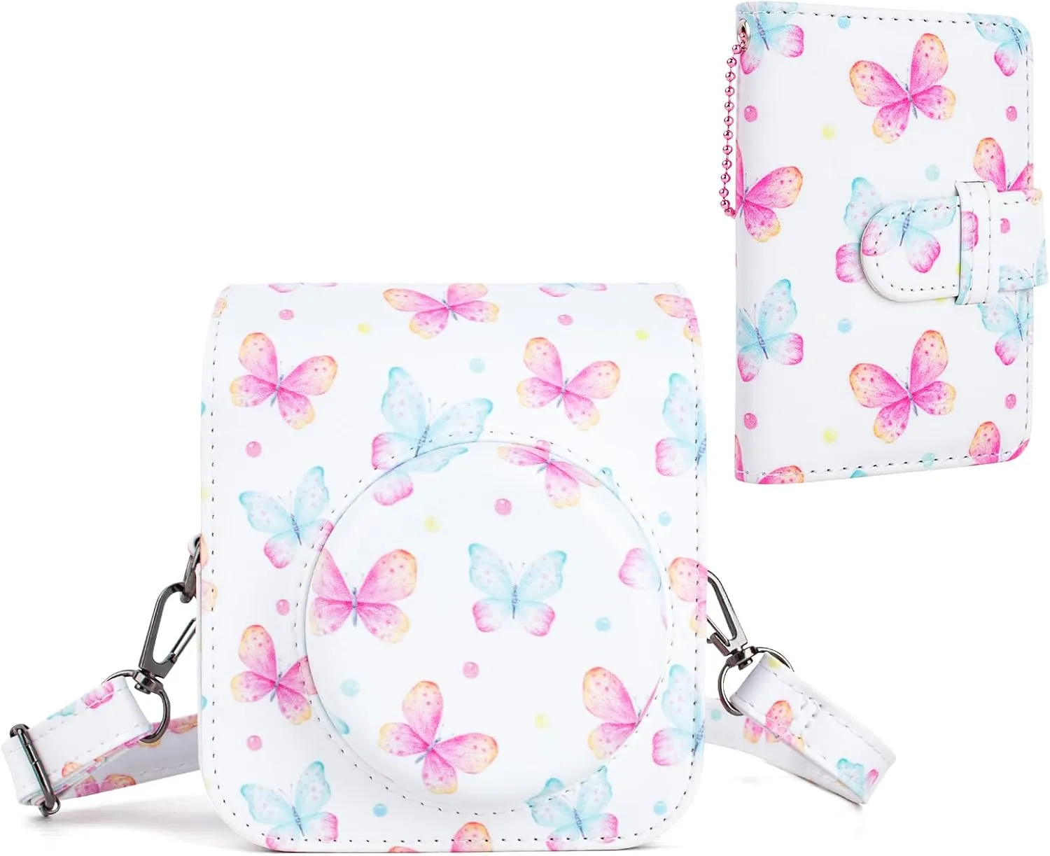 Camera Case Compatible with Fujifilm Instax Mini 12, Polaroid Instax Camera Carry Case Bag with Photo Pocket and Mini Photo Album - Butterfly Pink