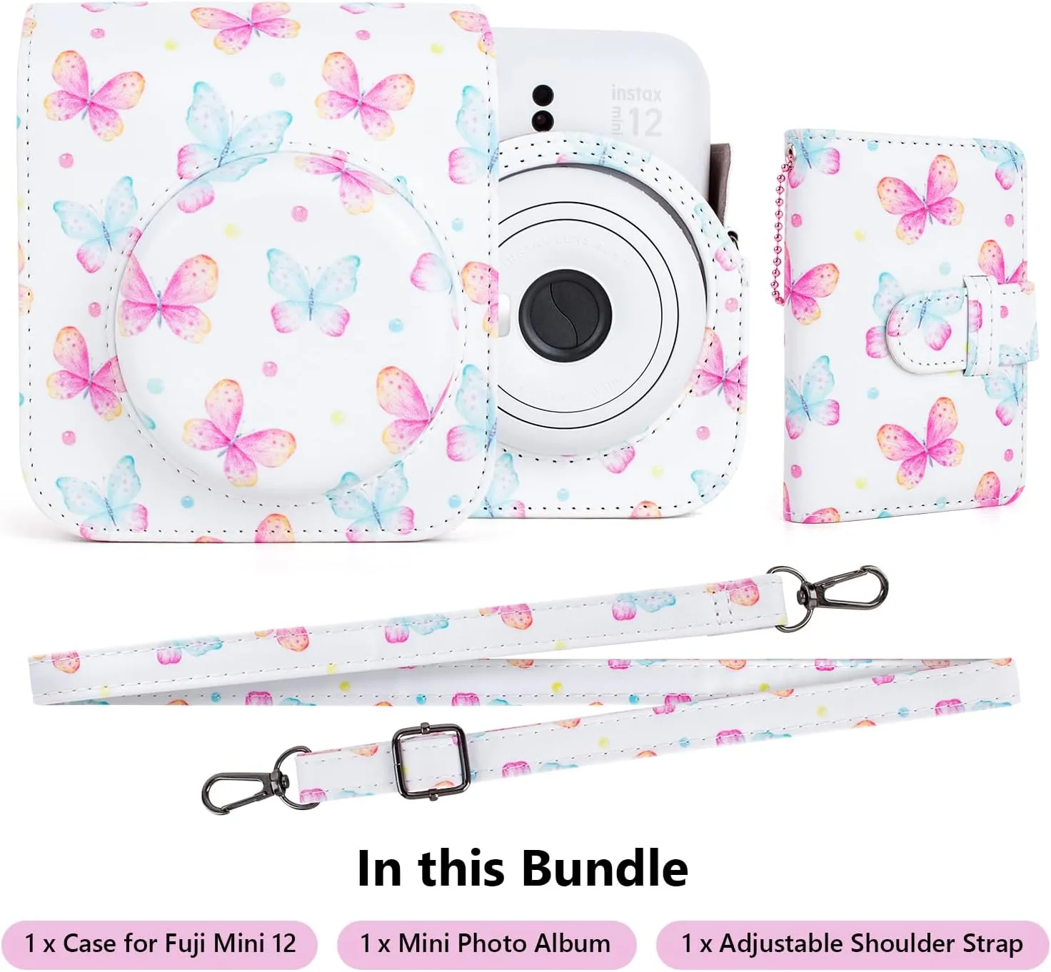 Camera Case Compatible with Fujifilm Instax Mini 12, Polaroid Instax Camera Carry Case Bag with Photo Pocket and Mini Photo Album - Butterfly Pink